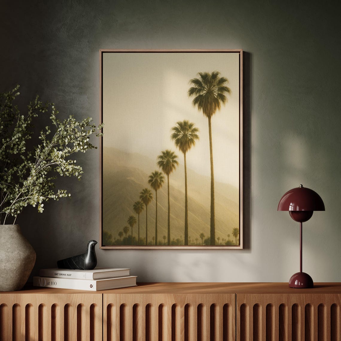 Tall Palm Trees Golden Haze Mountain Landscape Coastal Poster