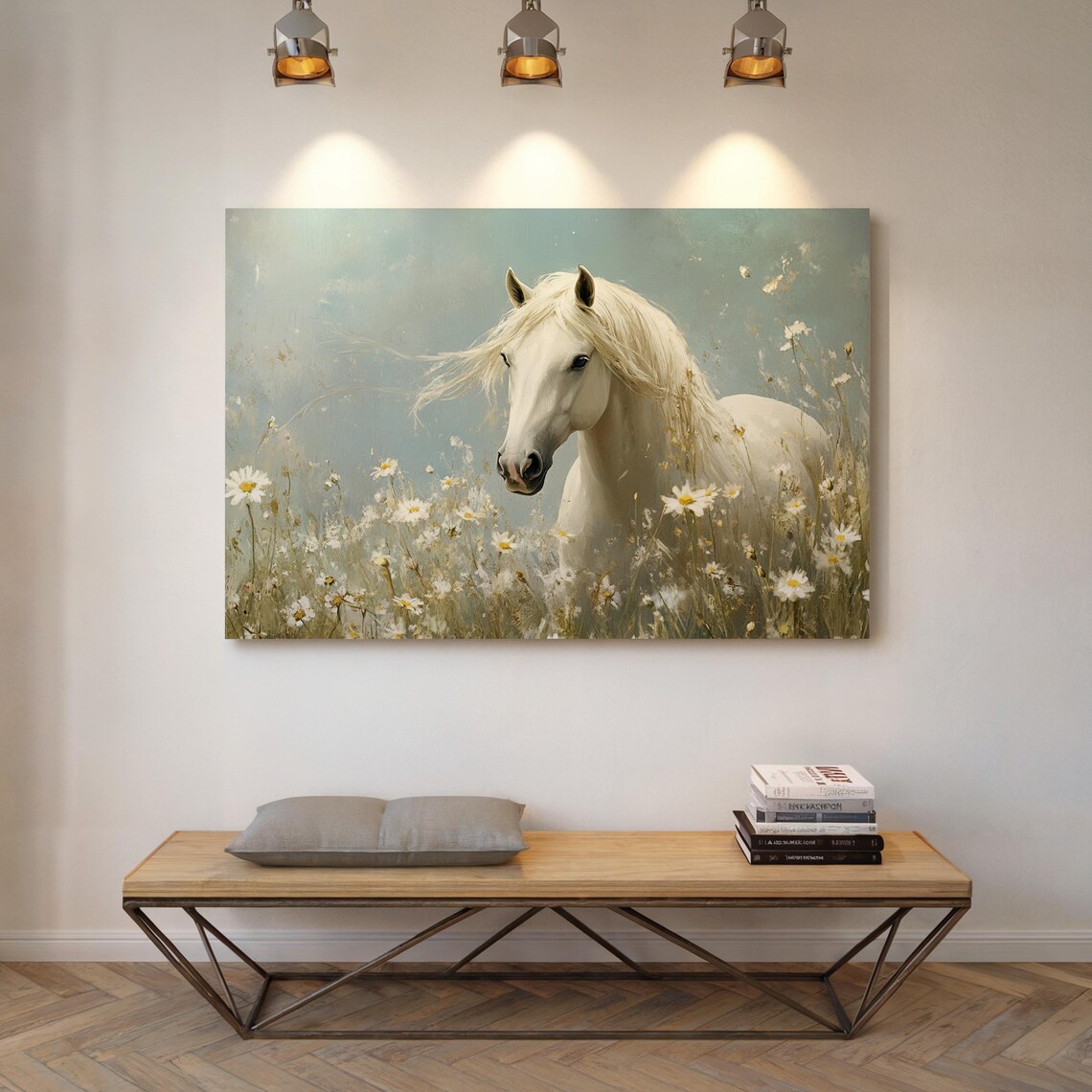 White Horse Among Daisies Gazing Out Dreamy Equine Art Poster - Image 4