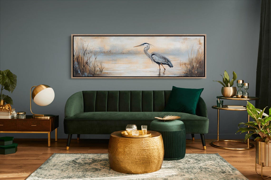 Blue Heron Marsh Panoramic Rustic Lake Bird Painting Nature Print