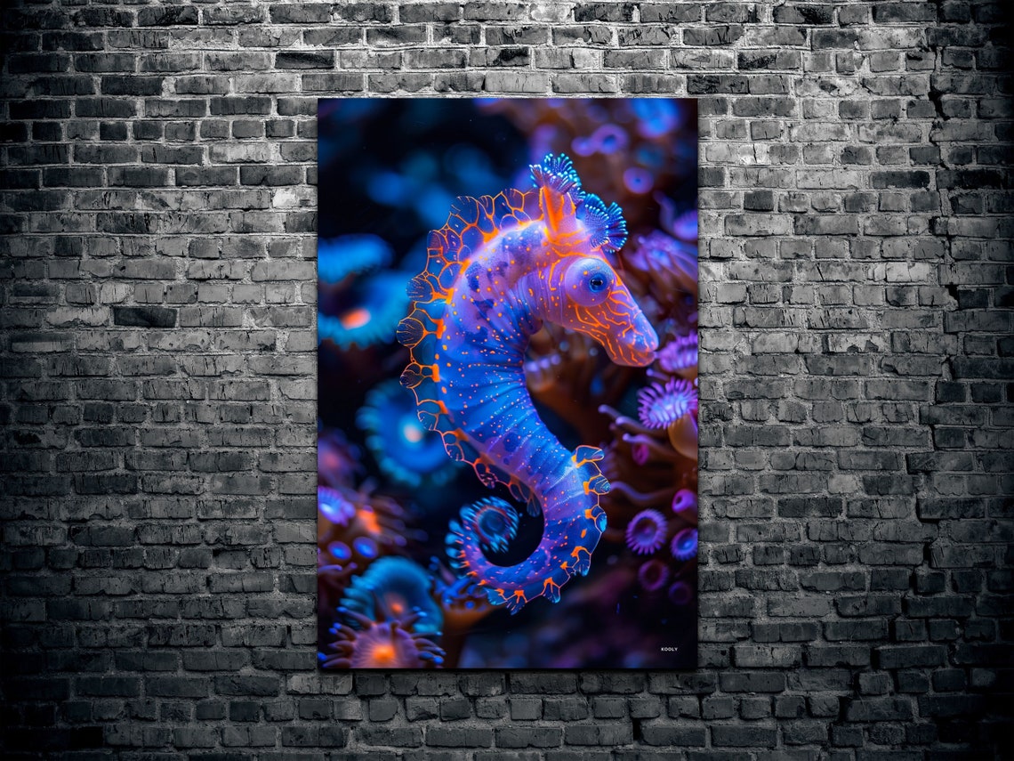 Glowing Seahorse In Coral Reef Neon Blue Orange Underwater Wall Art - Image 2