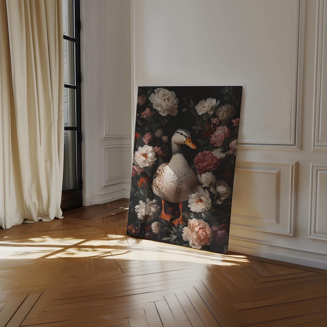 Elegant Duck Among Lush Peonies Dark Vintage Floral Wall Poster - Image 4