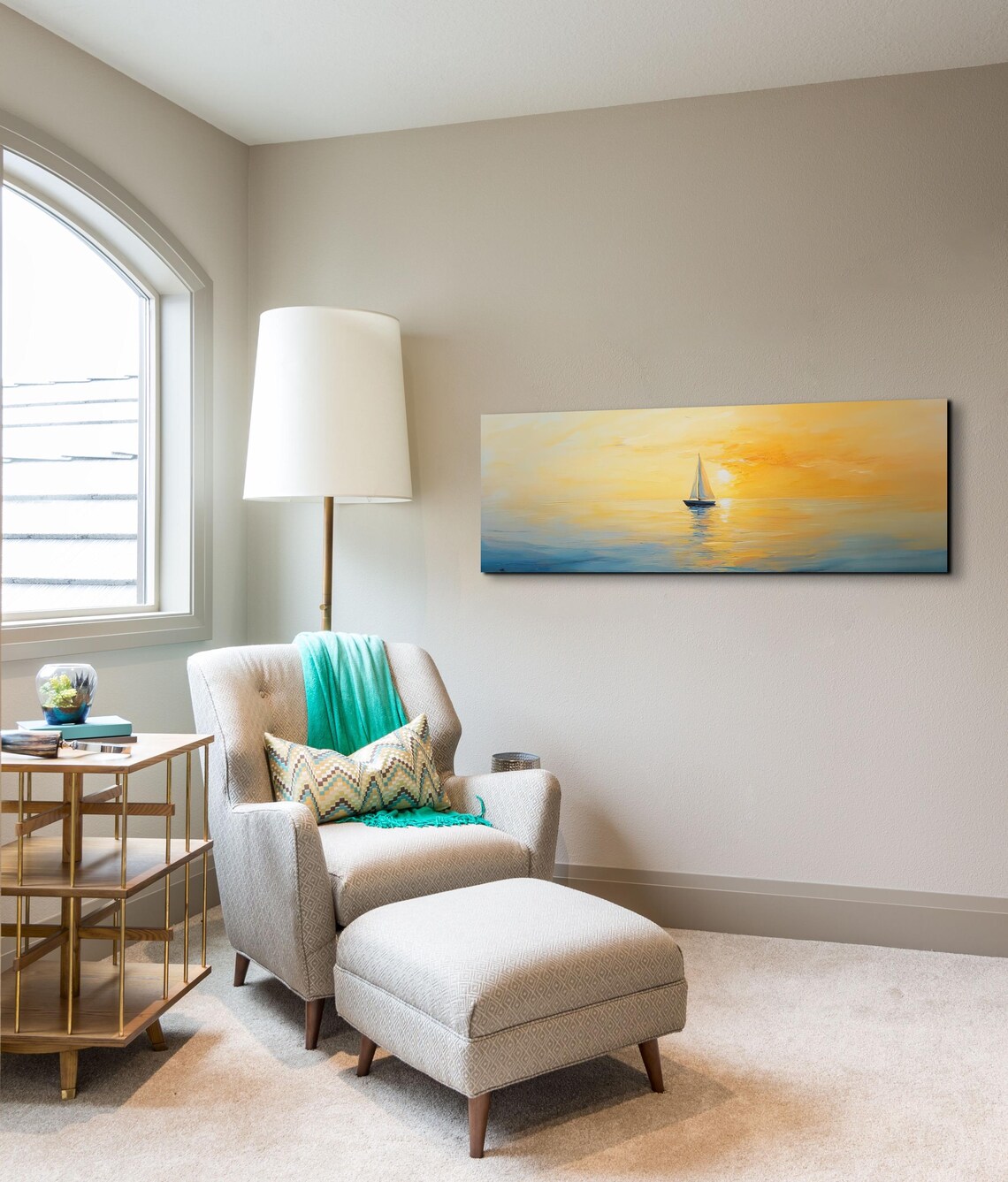 Sailboat Sailing Into Golden Sunset Ocean Painting Waves Poster - Image 6