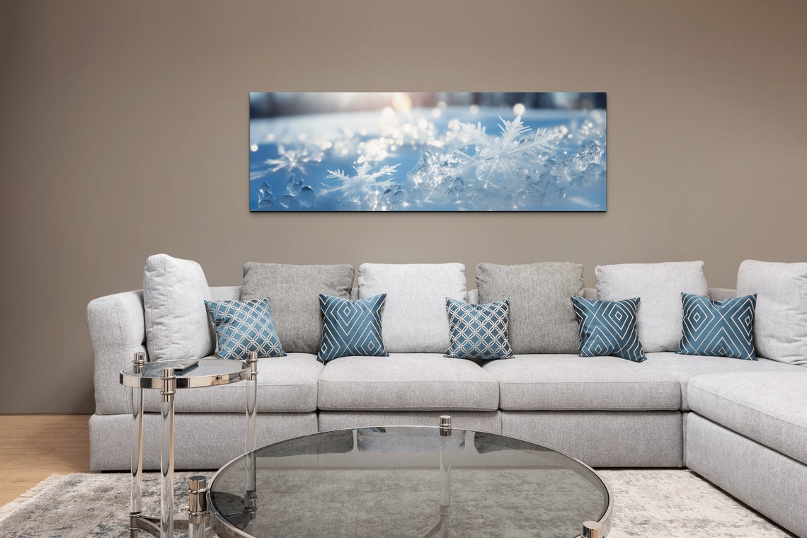 Macro Snowflake On Ice Crystals Blue Winter Panoramic Art Poster - Image 6