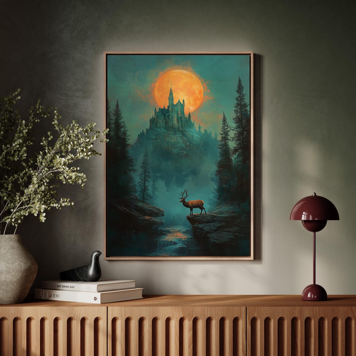Moonlit Castle On Misty Cliff With Elk Epic Fantasy Night Poster - Image 7