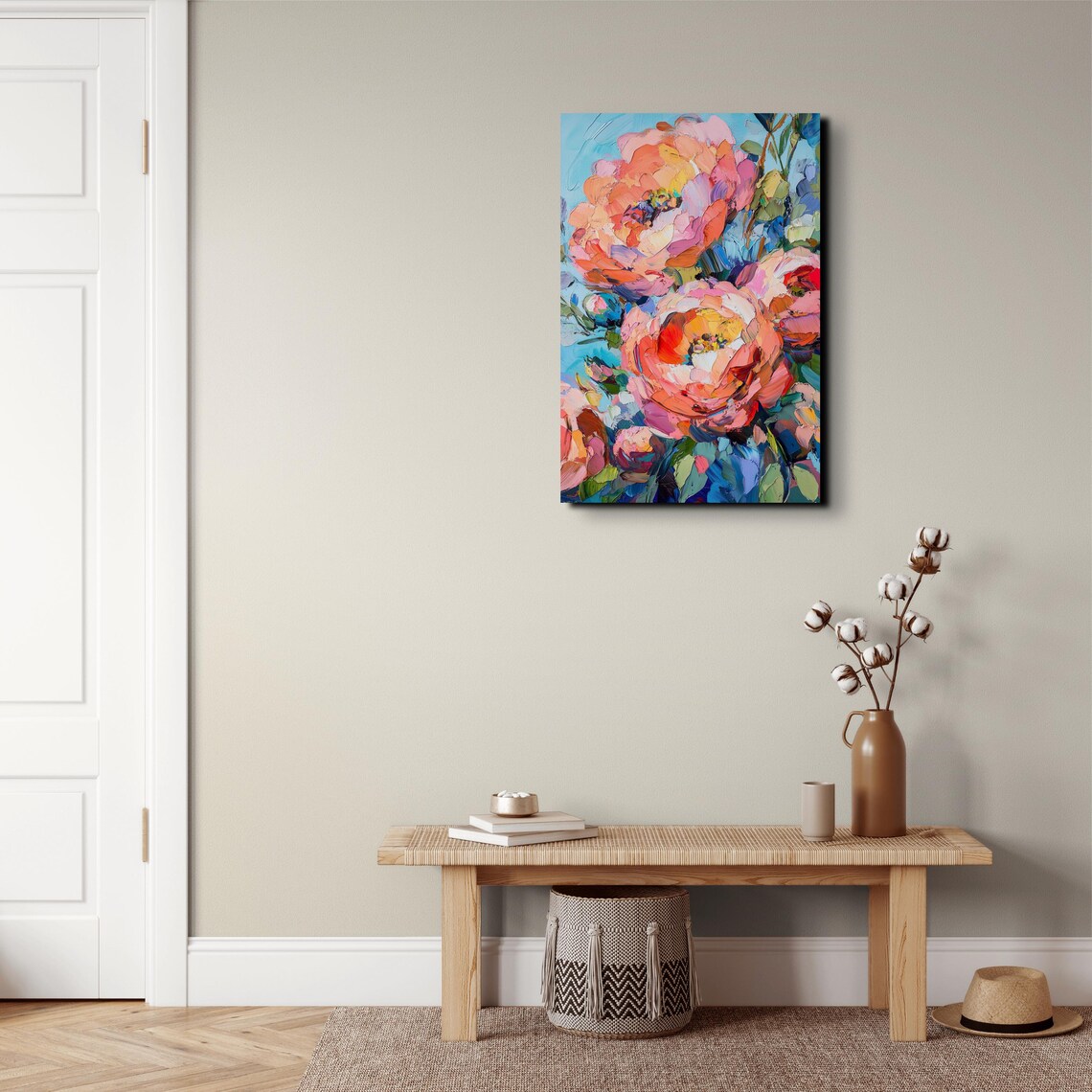 Pink Orange Peony Blooms Impasto Oil Style Floral Canvas Poster - Image 4