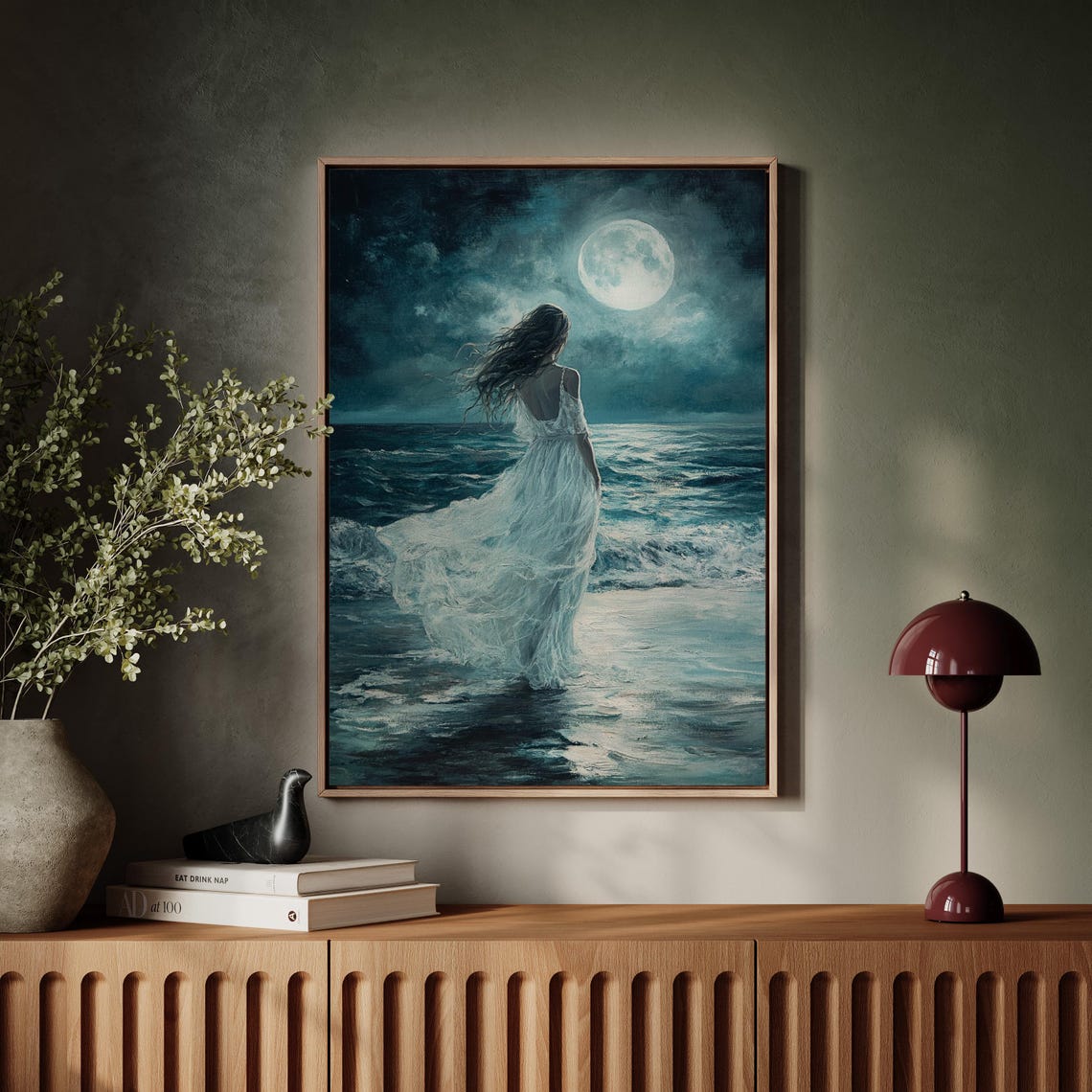 Woman Walking into Moonlit Ocean Ethereal Night Seascape Art Print