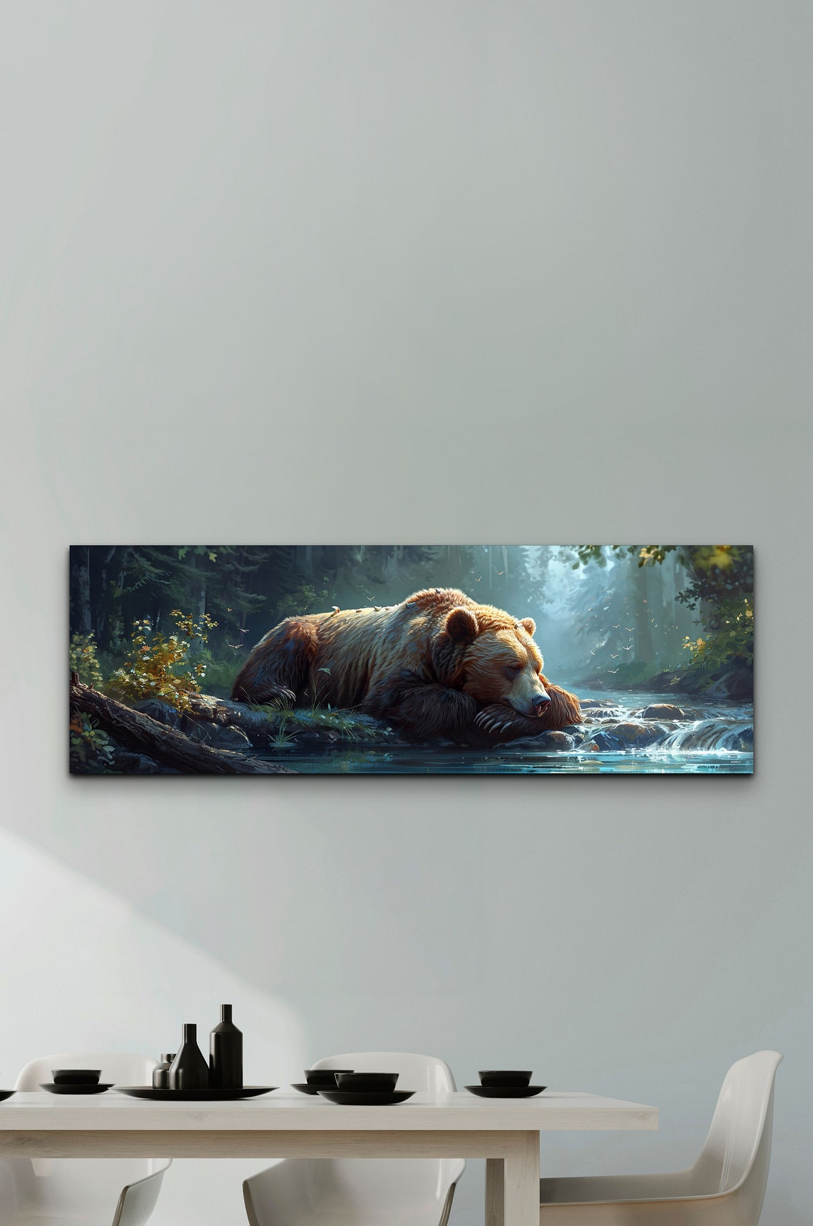 Panoramic Sleeping Bear by Forest Stream Misty Wildlife Poster - Image 5
