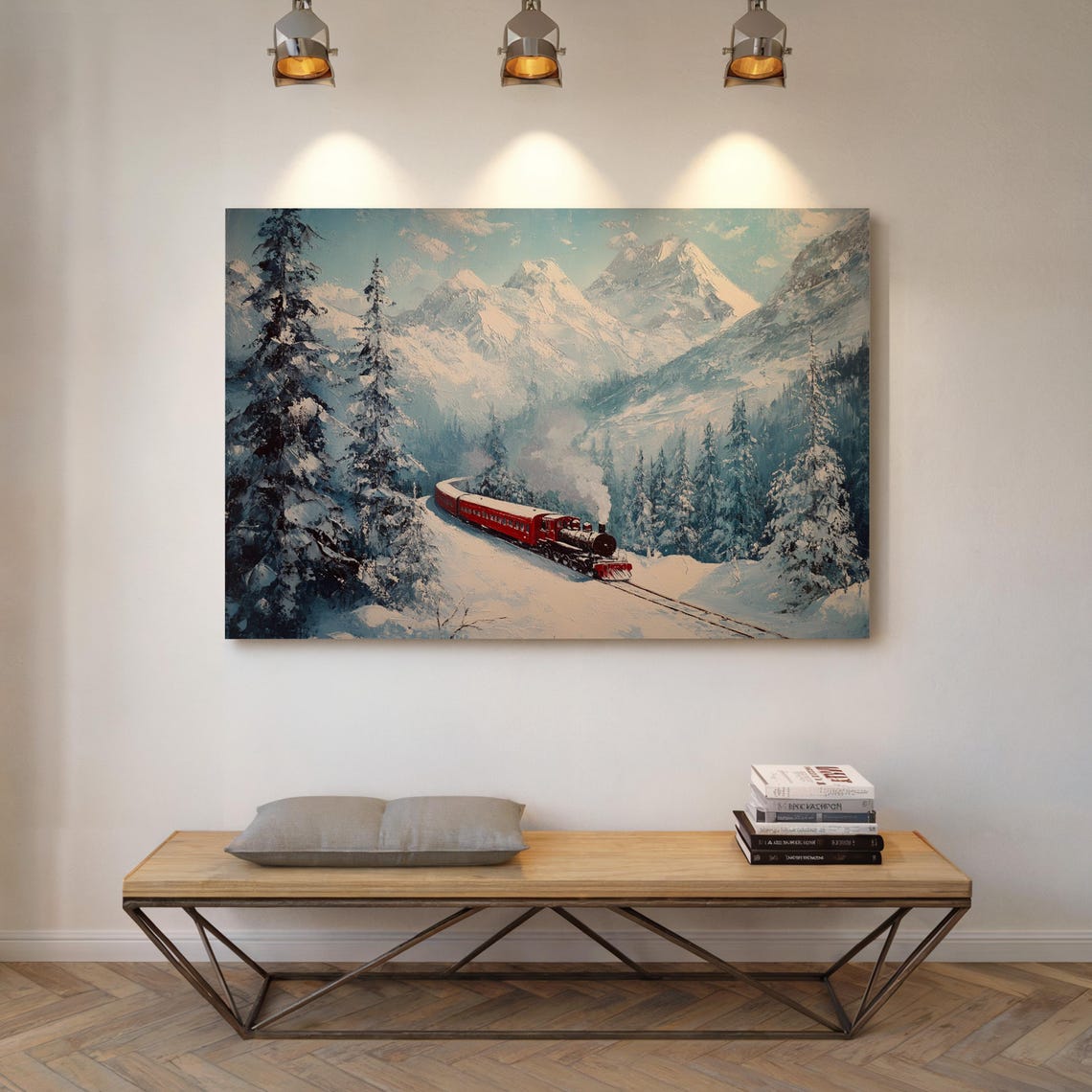 Red Steam Train In Snowy Mountain Forest Winter Landscape Poster - Image 4