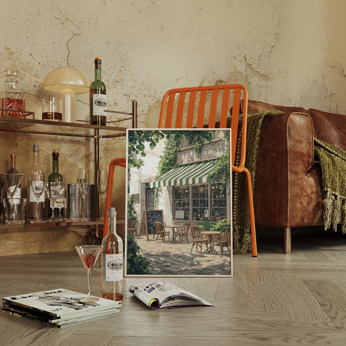 Vintage French Caf Wall Art Outdoor Bistro Scene With Ivy And Green Striped Awning European Coffee Shop Print - Image 2