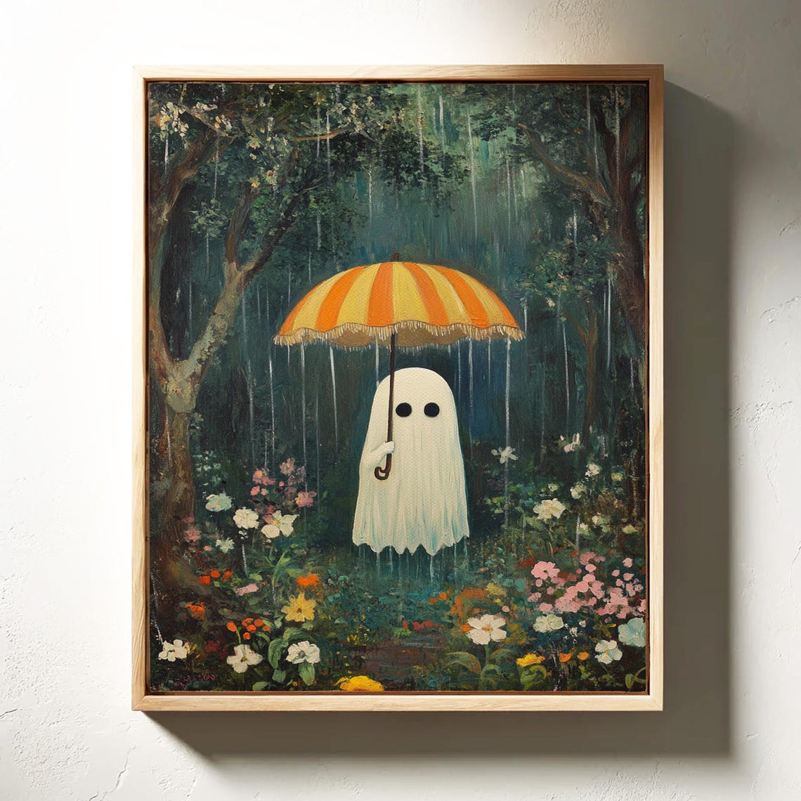 Whimsical Ghost In Rain With Umbrella Vintage Forest Scene Poster - Image 5