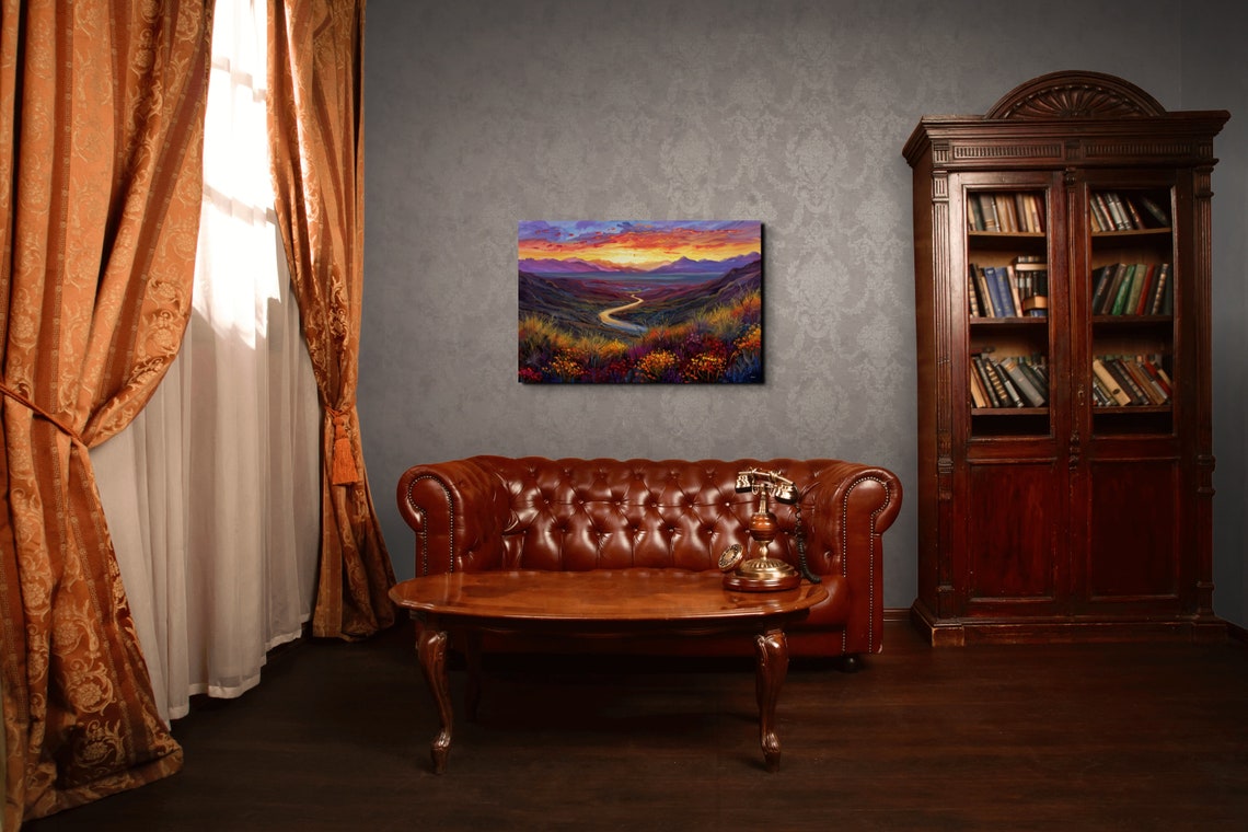 Fiery Sunset Over a River Valley With Wildflower Foreground Poster - Image 4
