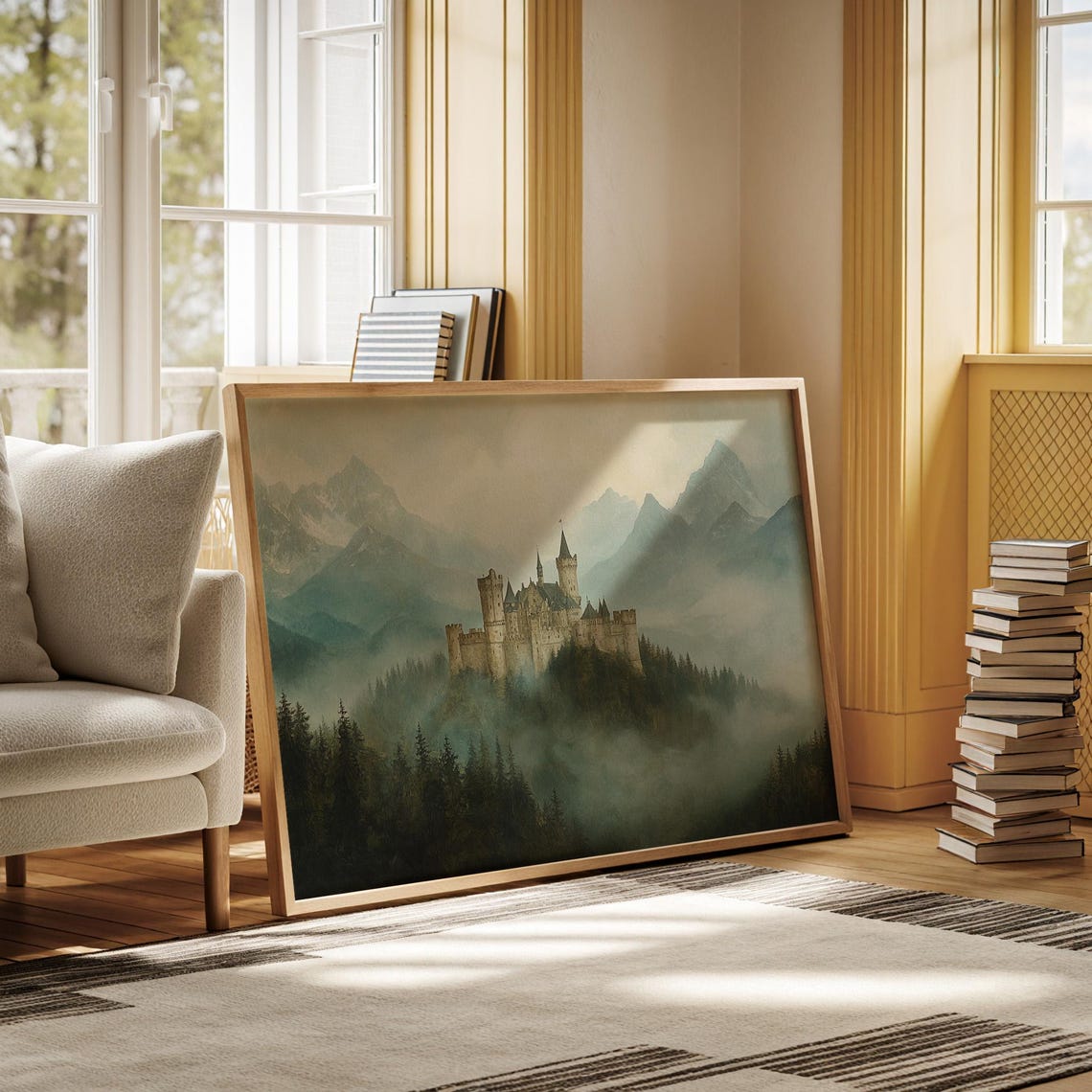 Medieval Castle on a Misty Hilltop with Alpine Peaks Fantasy Poster - Image 6