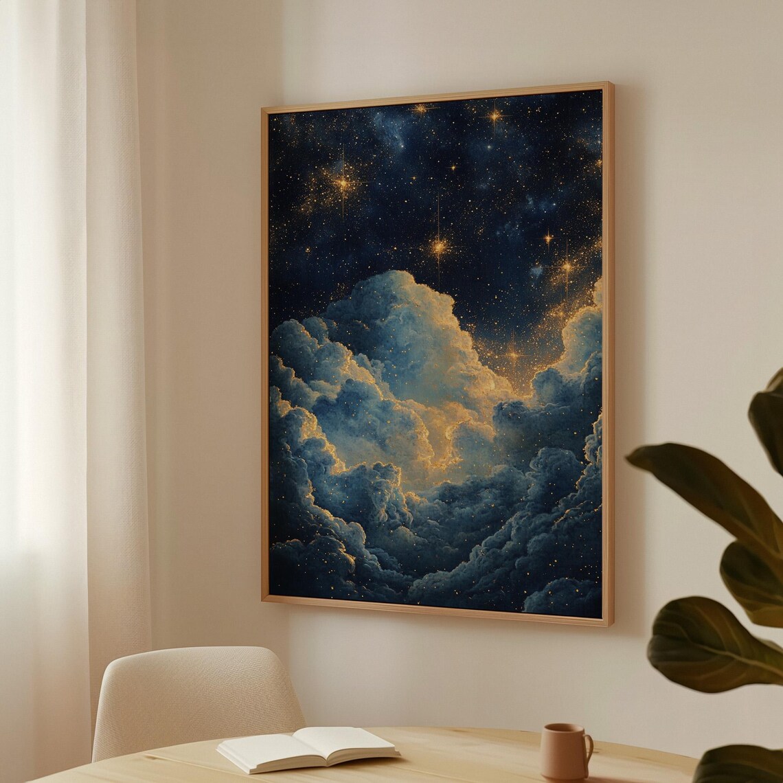 Dreamy Starry Night Sky With Moonlit Clouds Celestial Gold Wall Art Poster - Image 3