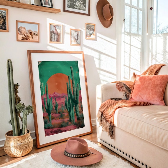 Retro Vintage Desert Cactus Big Orange Sun Teal Pink Art Poster