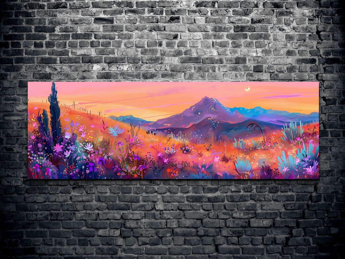 Southwestern Desert Sunset Wildflowers Moon Panoramic Poster - Image 2