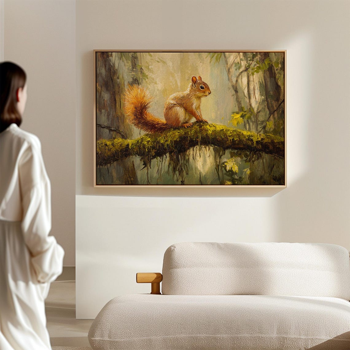 Cute Red Squirrel On Mossy Branch Sunlit Forest Painting Poster - Image 7