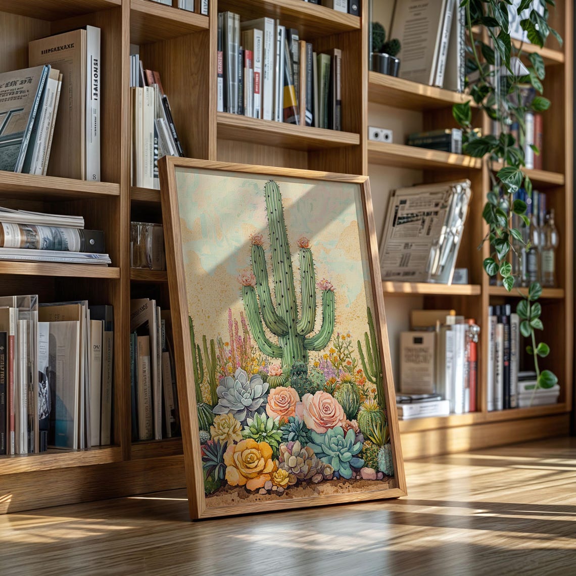 Saguaro Cactus Desert Garden Roses Succulents Watercolor Poster