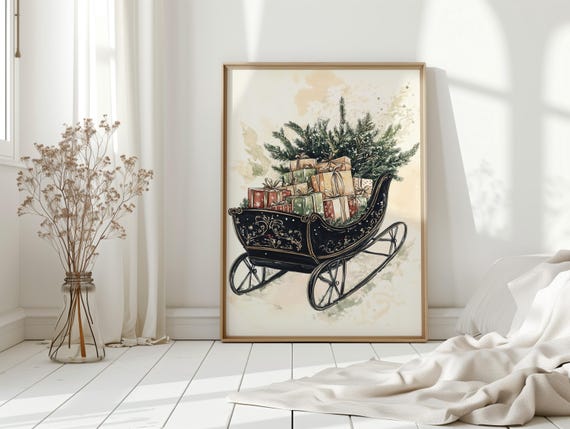 Vintage Sleigh Christmas Canvas Art Elegant Holiday Print With Pine Gifts And Ornate Black Illustration