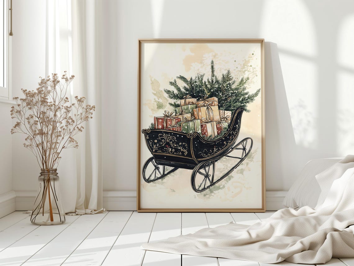 Vintage Black Sleigh Loaded With Christmas Gifts Holiday Poster