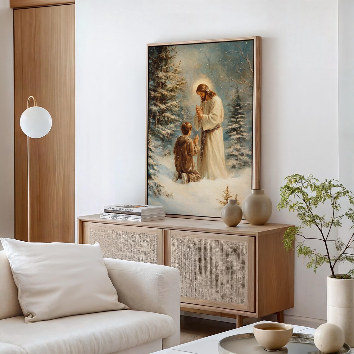 Jesus Praying With a Kneeling Boy in a Snowy Winter Forest Poster - Image 5