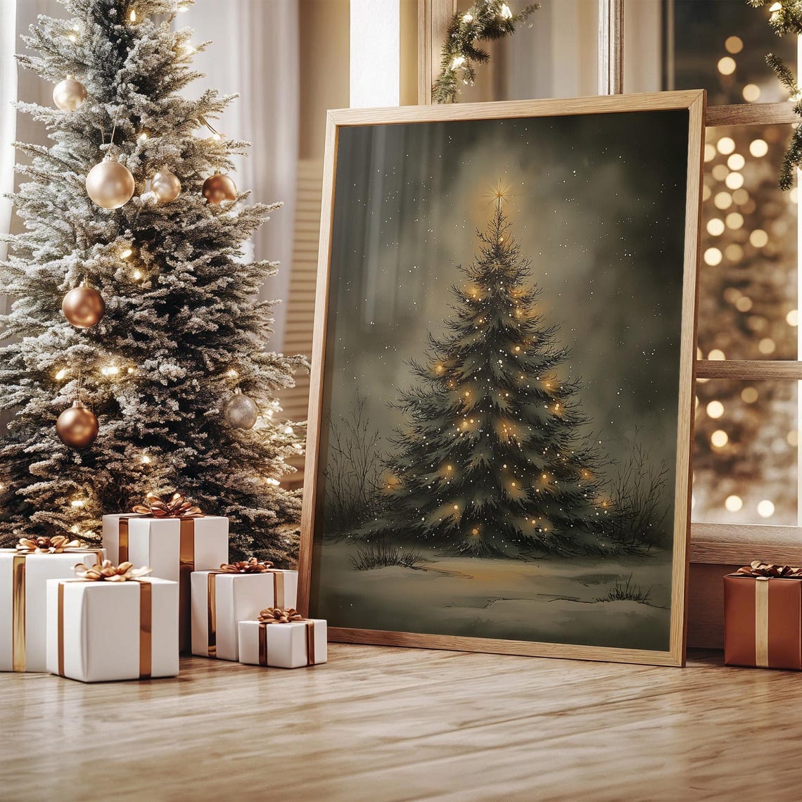 Glowing Christmas Tree In Snowy Night Star Topper Art Poster