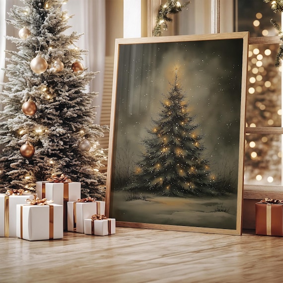 Glowing Christmas Tree In Snowy Night Star Topper Art Poster