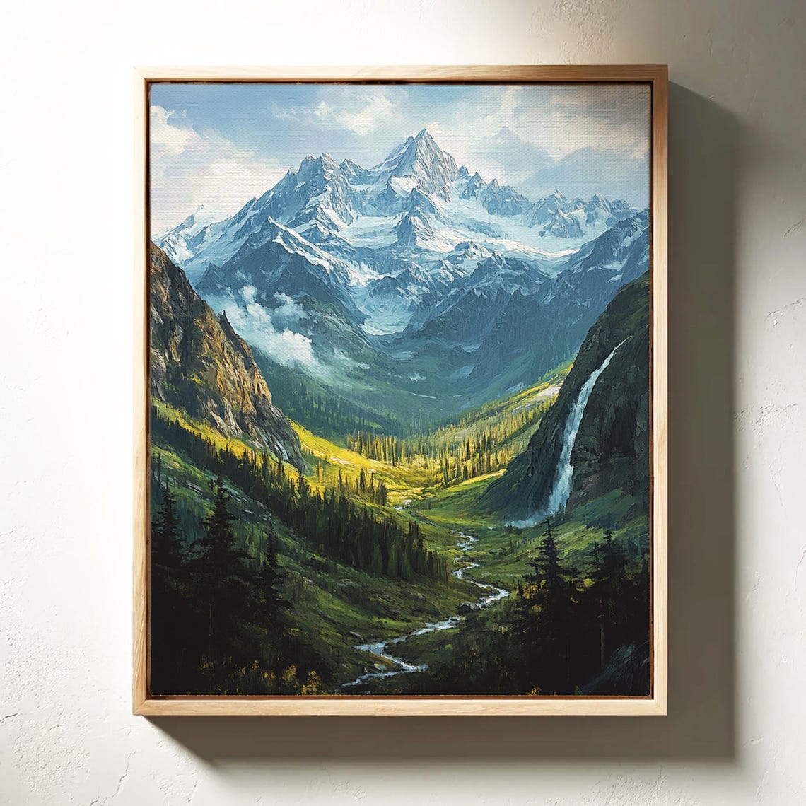Mountain Landscape With Waterfall Snowy Peaks And Lush Valley Nature Scenic Print Majestic Wilderness Art - Image 4