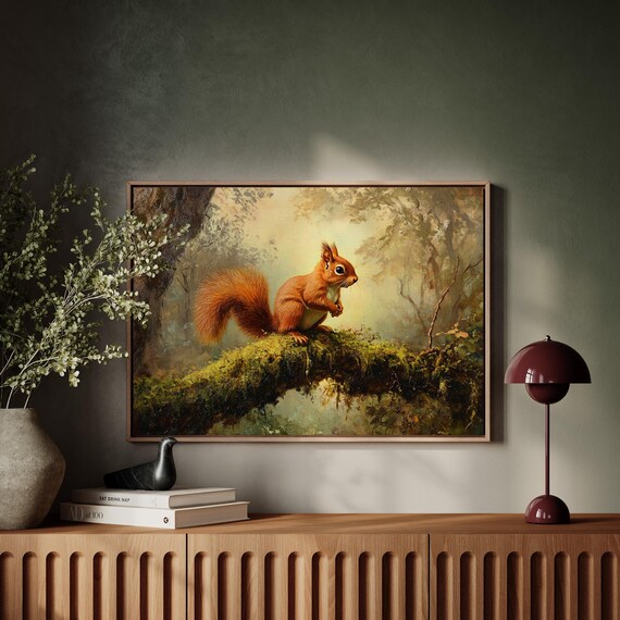 Cheerful Red Squirrel Perched In Golden Forest Clearing Poster