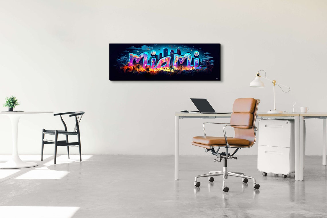 Miami Neon Lettering Night Skyline Panoramic City Glow Poster - Image 5