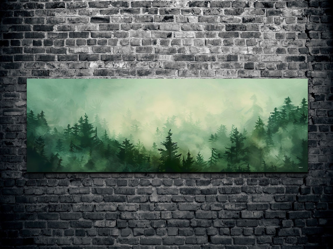 Misty Pine Forest Foggy Mountain Watercolor Panoramic Poster - Image 2