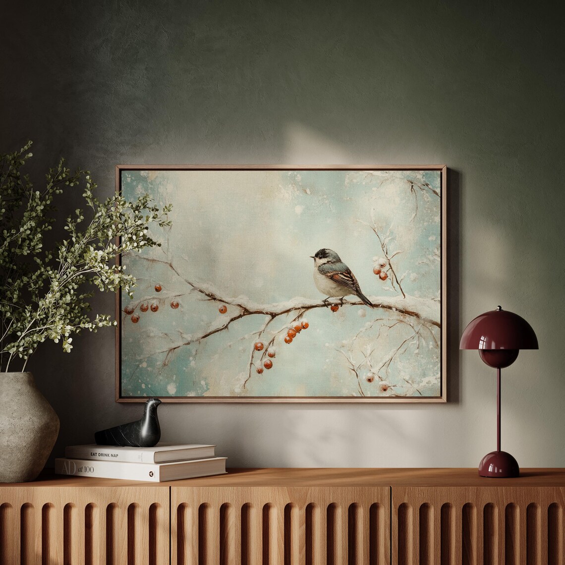 Winter Bird, Snowy Branch With Red Berries Art Print - Image 5