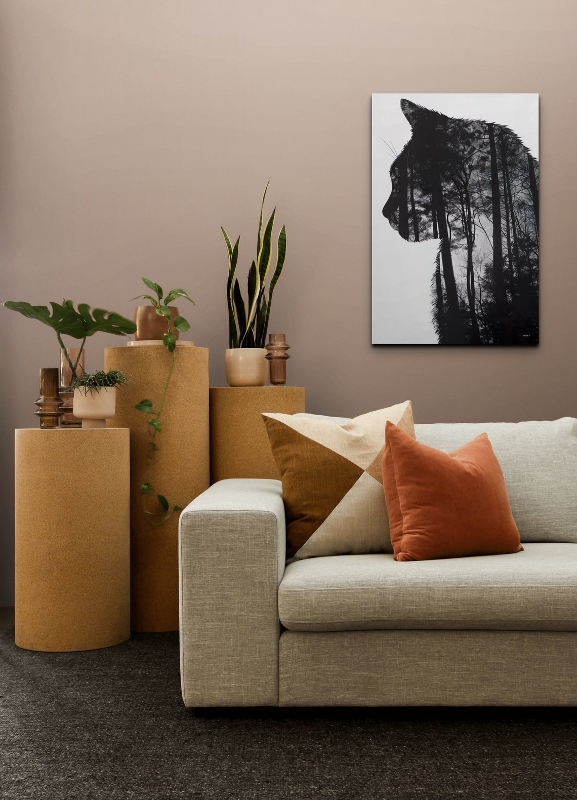 Double Exposure Cat Silhouette Forest Trees Monochrome Poster - Image 6
