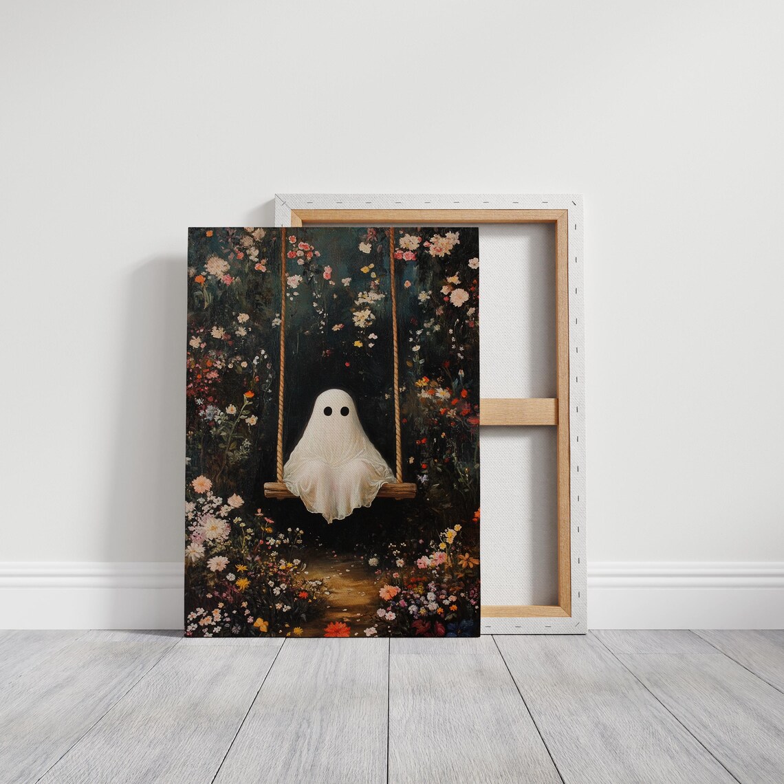 Cute Ghost On Wooden Swing In Blooming Night Garden Whimsical Halloween Poster - Image 2