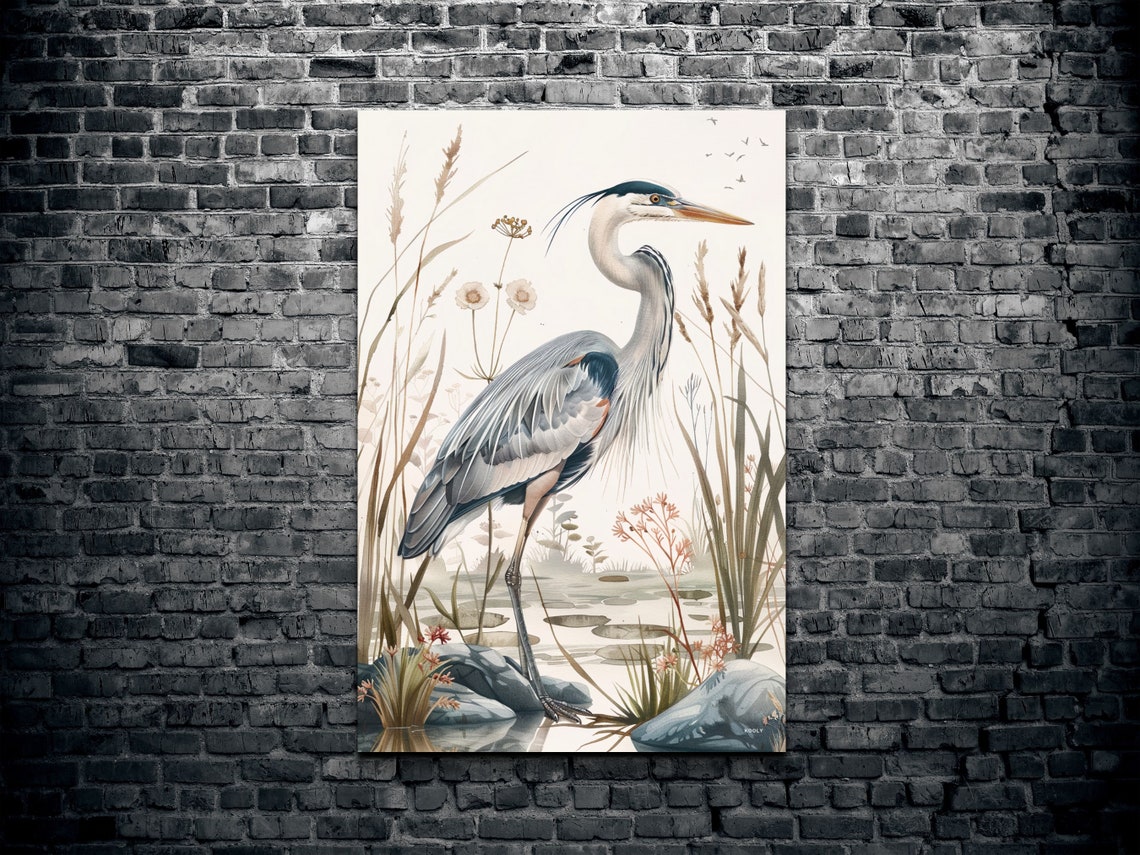 Great Blue Heron Watercolor Reeds Wetland Bird Coastal Poster - Image 2