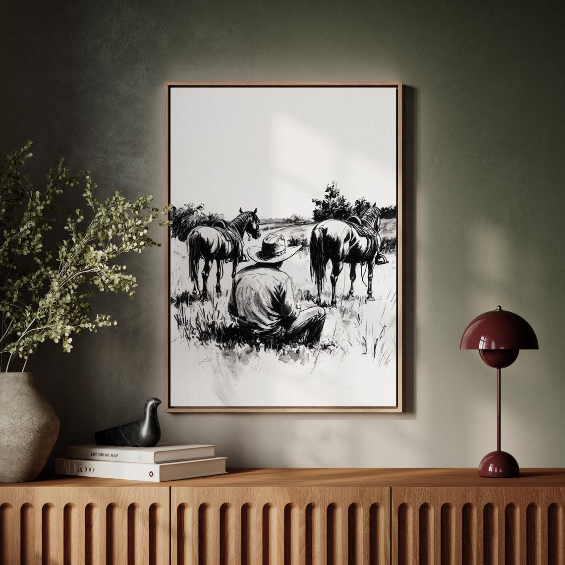 Seated Cowboy with Two Horses in Open Prairie Ink Sketch Poster - Image 5