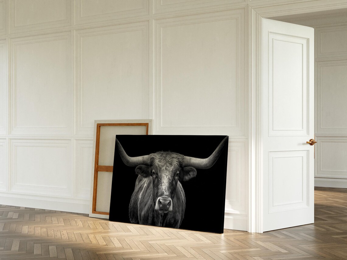 Longhorn Cow Portrait Dramatic Black Western Rustic Art Poster
