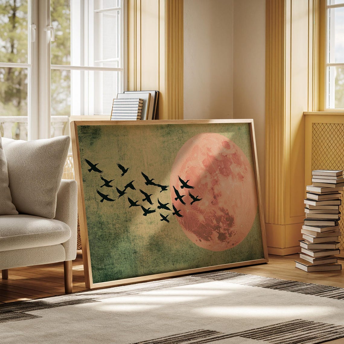 Pink Full Moon With Bird Flock Vintage Celestial Nature Poster - Image 4