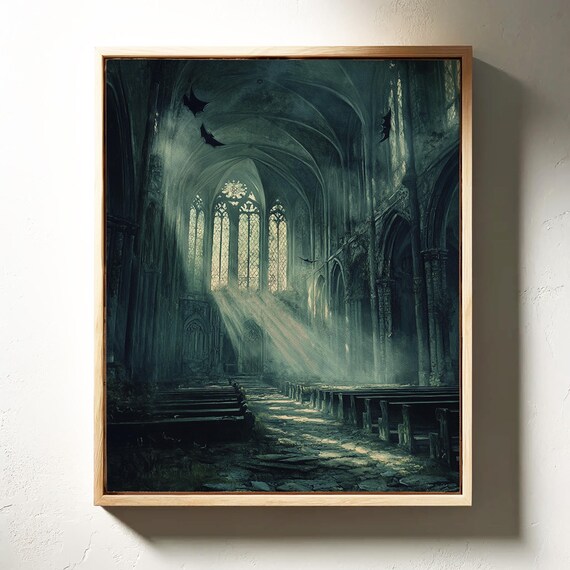 Abandoned Cathedral Bats Moonlit Beams Dark Gothic Vintage Art Poster