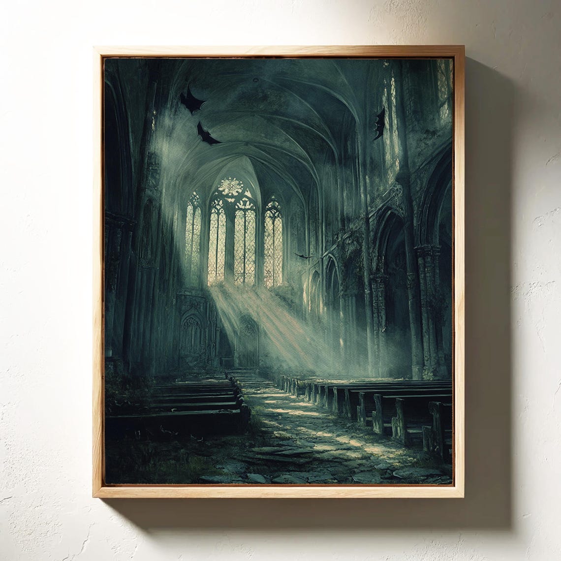 Abandoned Cathedral Bats Moonlit Beams Dark Gothic Vintage Art Poster