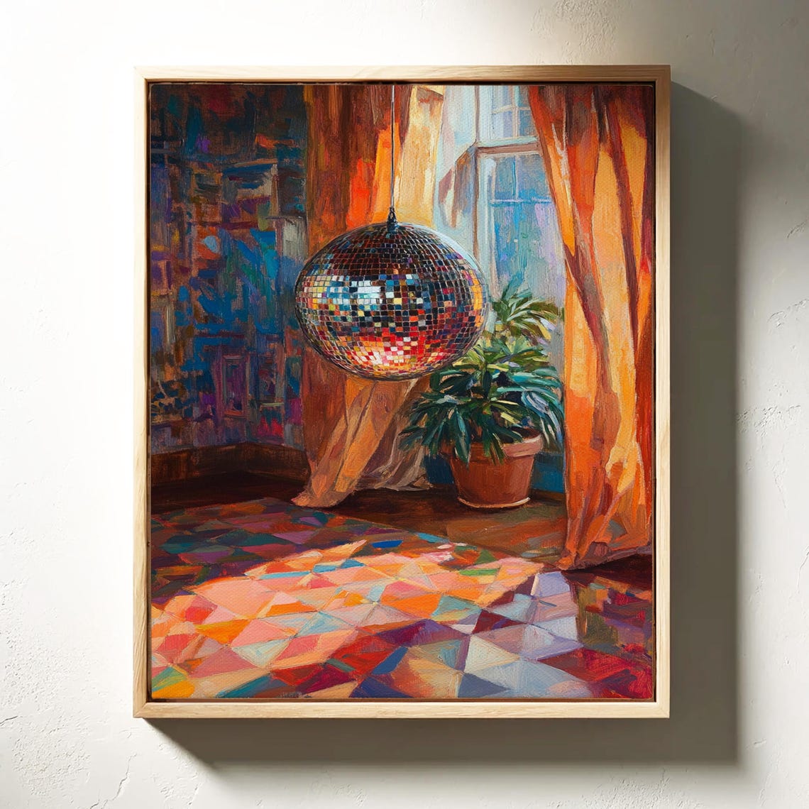 Disco Ball Hanging in a Sunlit Room With Colorful Mosaic Floor Poster - Image 6