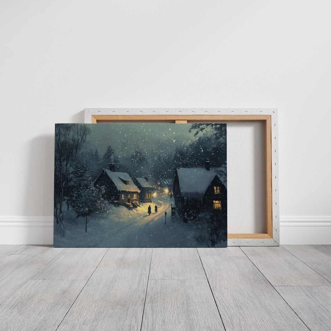 Snowy Village at Night with Warm Glowing Windows Winter Art Poster - Image 5