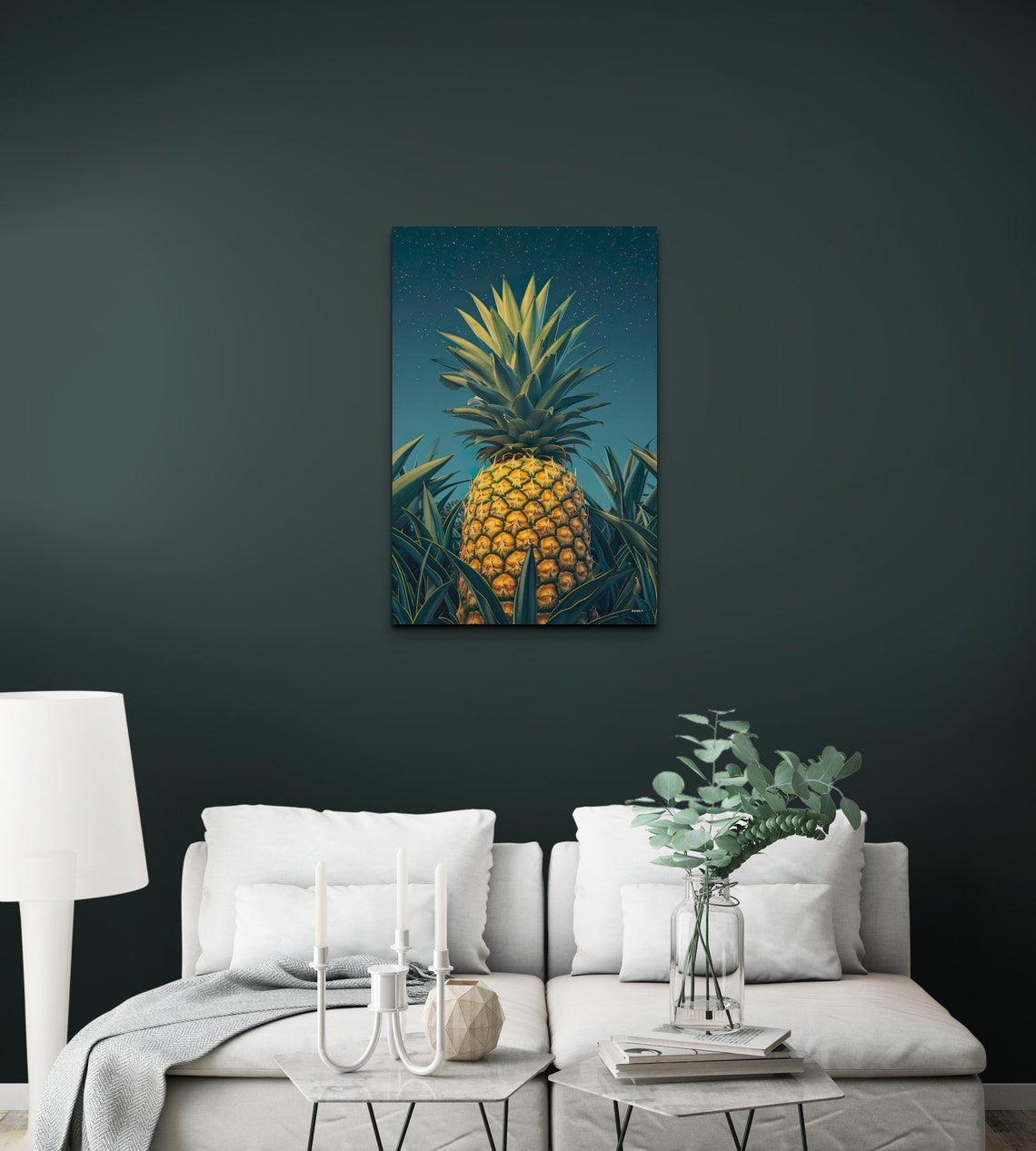 Golden Pineapple Close Up Against Teal Night Sky Tropical Wall Art - Image 6