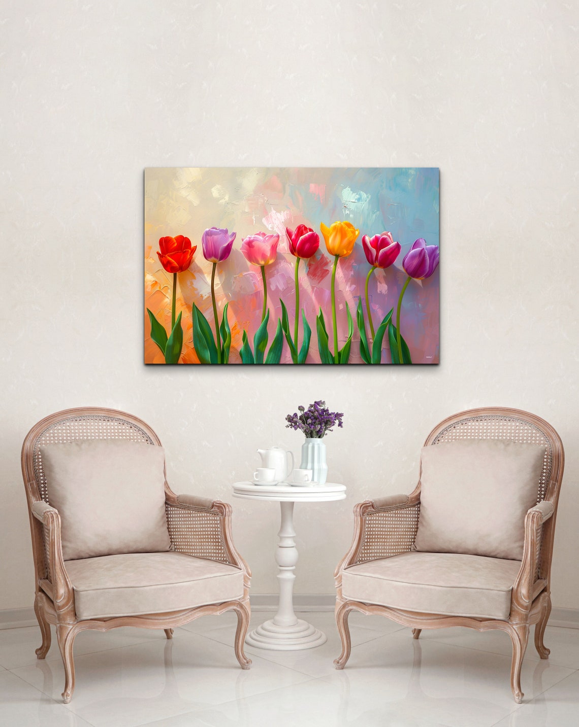 Seven Rainbow Tulips Row Pastel Background Floral Art Poster - Image 3