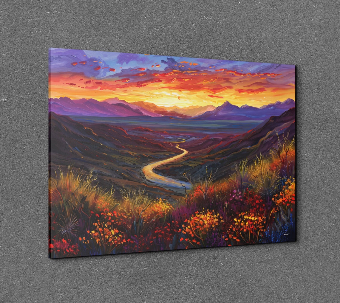 Fiery Sunset Over a River Valley With Wildflower Foreground Poster - Image 3