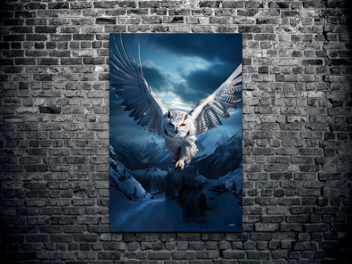 Snowy Owl Soaring Over Moonlit Mountains in the Night Sky Poster - Image 4