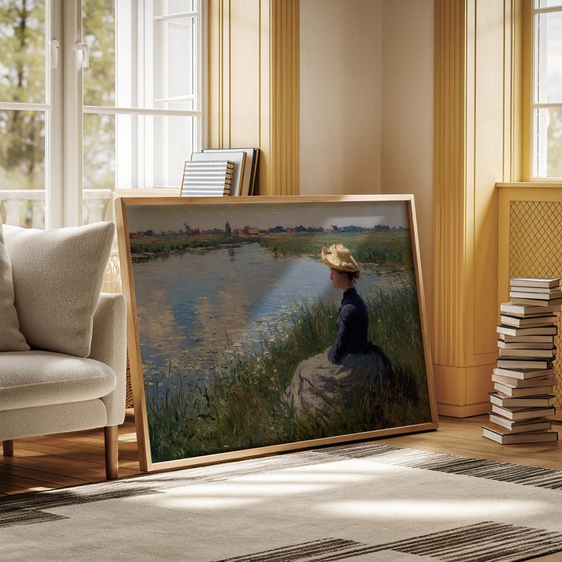 Victorian Lady by the River Romantic Countryside Scene Poster