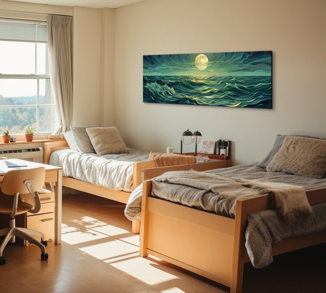 Glowing Full Moon Over Teal Waves Stylized Night Ocean Poster - Image 5