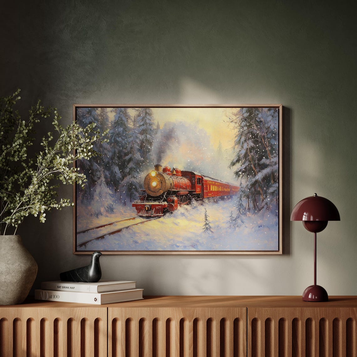 Red Steam Train In Snowy Forest Glowing Sunset Winter Wall Art - Image 5