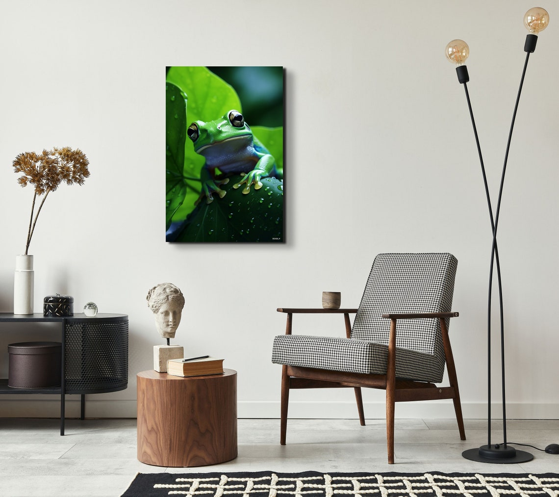 Bright Green Tree Frog Resting On A Dewy Leaf Macro Photo Poster - Image 2