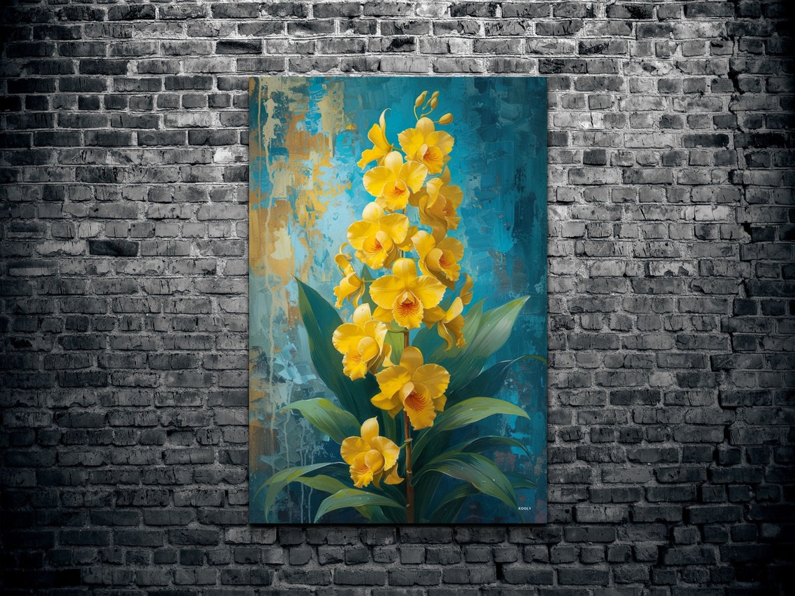 Tall Yellow Orchid Stem Painterly Blue And Gold Floral Art Poster - Image 2